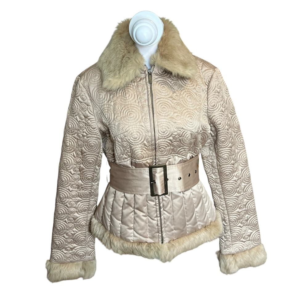 BEBE Wonen’s Rabbit Fur Collar Down Jacket Brown tan Size M